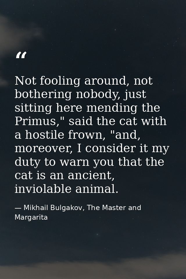 Not fooling around, not bothering nobody, just sitting here mending the Primus," said the cat with a hostile frown, "and — Mikhail Bulgakov, The Master and Margarita