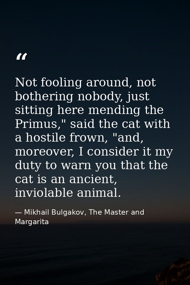 Not fooling around, not bothering nobody, just sitting here mending the Primus," said the cat with a hostile frown, "and — Mikhail Bulgakov, The Master and Margarita