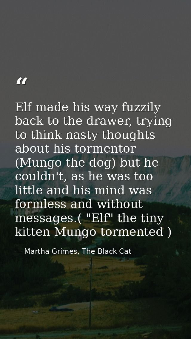 Elf made his way fuzzily back to the drawer, trying to think nasty thoughts about his tormentor (Mungo the dog) but he c — Martha Grimes, The Black Cat