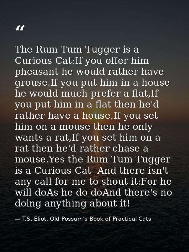 The Rum Tum Tugger is a Curious Cat:If you offer him pheasant he would rather have grouse.If you put him in a house he w — T.S. Eliot, Old Possum's Book of Practical Cats