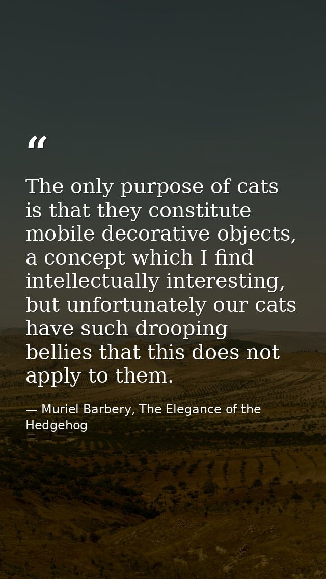 The only purpose of cats is that they constitute mobile decorative objects, a concept which I find intellectually intere — Muriel Barbery, The Elegance of the Hedgehog