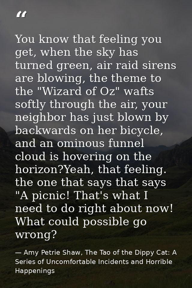 You know that feeling you get, when the sky has turned green, air raid sirens are blowing, the theme to the "Wizard of O — Amy Petrie Shaw, The Tao of the Dippy Cat: A Series of Uncomfortable Incidents and Horrible Happenings