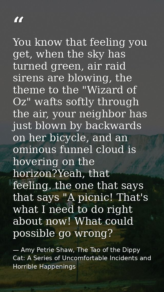 You know that feeling you get, when the sky has turned green, air raid sirens are blowing, the theme to the "Wizard of O — Amy Petrie Shaw, The Tao of the Dippy Cat: A Series of Uncomfortable Incidents and Horrible Happenings