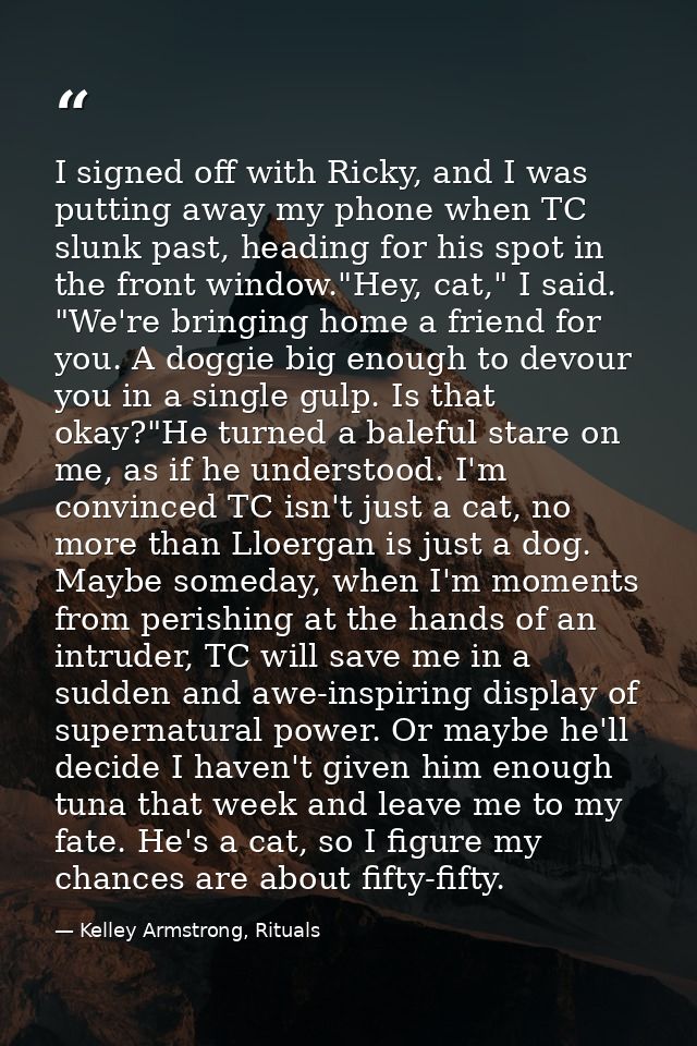I signed off with Ricky, and I was putting away my phone when TC slunk past, heading for his spot in the front window."H — Kelley Armstrong, Rituals