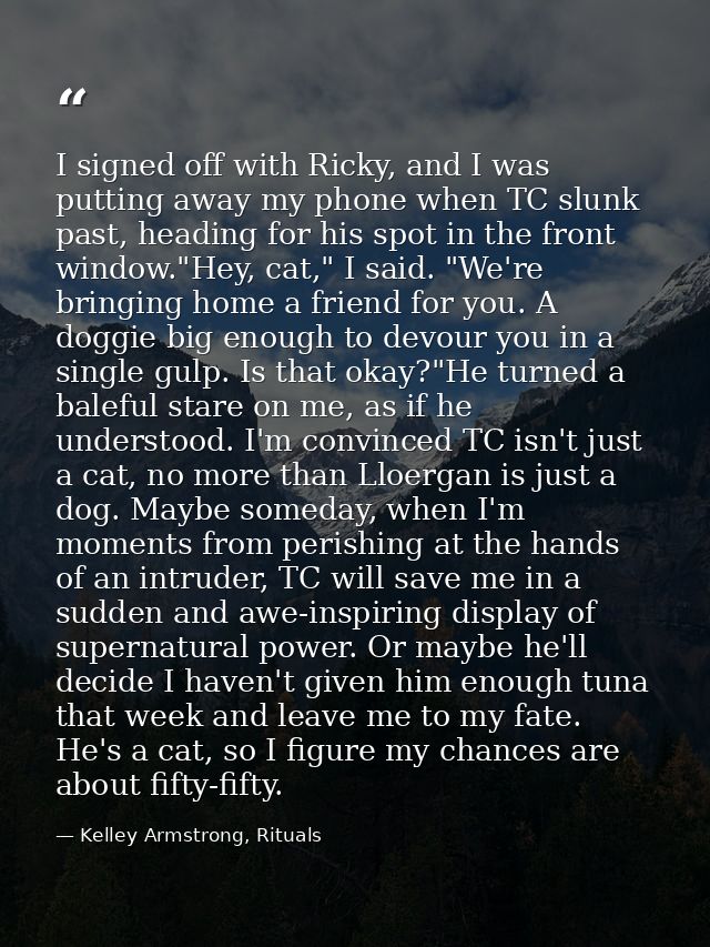 I signed off with Ricky, and I was putting away my phone when TC slunk past, heading for his spot in the front window."H — Kelley Armstrong, Rituals