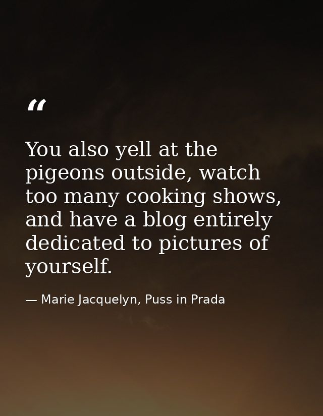 You also yell at the pigeons outside, watch too many cooking shows, and have a blog entirely dedicated to pictures of yo — Marie Jacquelyn, Puss in Prada