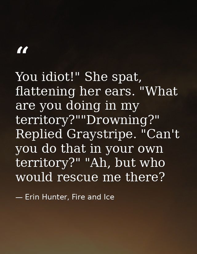 You idiot!" She spat, flattening her ears. "What are you doing in my territory?""Drowning?" Replied Graystripe. "Can't y — Erin Hunter, Fire and Ice