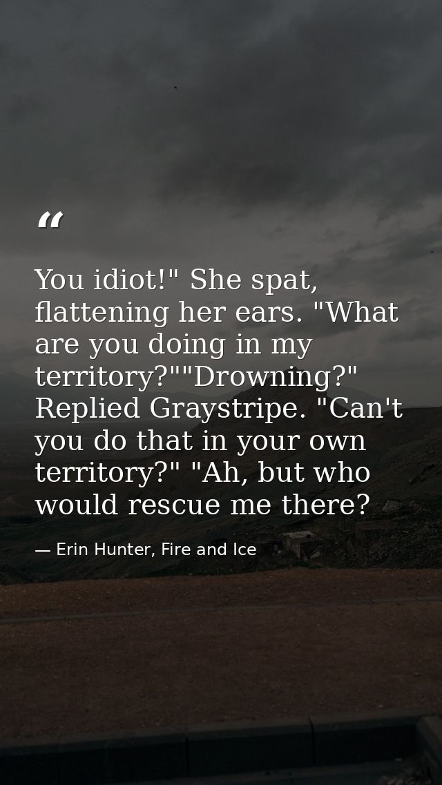 You idiot!" She spat, flattening her ears. "What are you doing in my territory?""Drowning?" Replied Graystripe. "Can't y — Erin Hunter, Fire and Ice