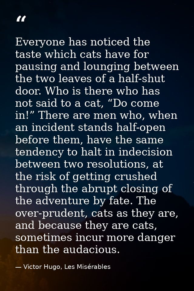 Everyone has noticed the taste which cats have for pausing and lounging between the two leaves of a half-shut door. Who  — Victor Hugo, Les Misérables
