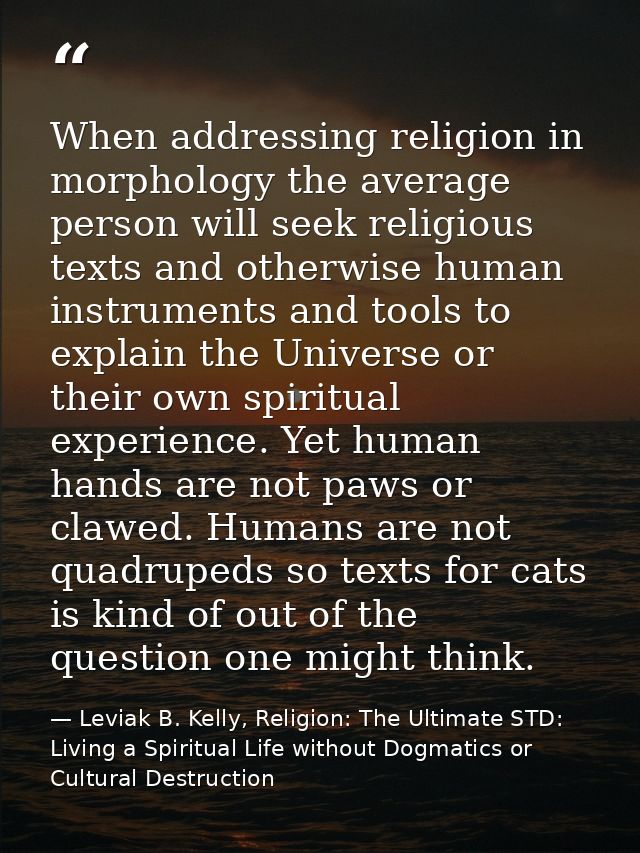 When addressing religion in morphology the average person will seek religious texts and otherwise human instruments and  — Leviak B. Kelly, Religion: The Ultimate STD: Living a Spiritual Life without Dogmatics or Cultural Destruction