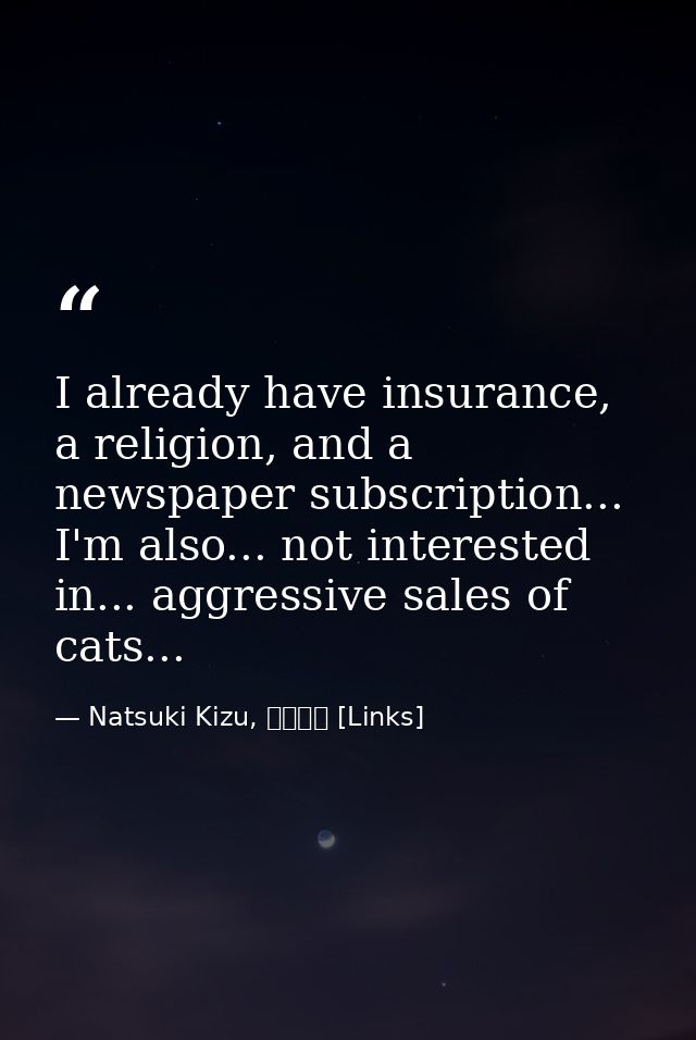 I already have insurance, a religion, and a newspaper subscription... I'm also... not interested in... aggressive sales  — Natsuki Kizu, リンクス [Links]