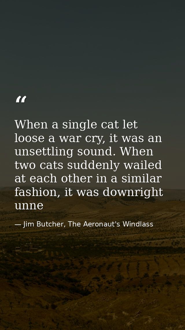 When a single cat let loose a war cry, it was an unsettling sound. When two cats suddenly wailed at each other in a simi — Jim Butcher, The Aeronaut's Windlass