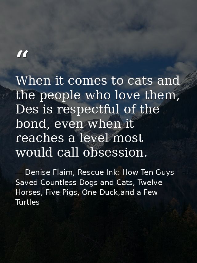 When it comes to cats and the people who love them, Des is respectful of the bond, even when it reaches a level most wou — Denise Flaim, Rescue Ink: How Ten Guys Saved Countless Dogs and Cats, Twelve Horses, Five Pigs, One Duck,and a Few Turtles