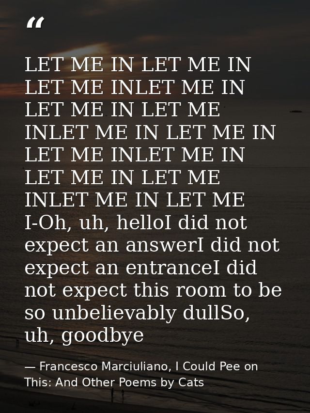 LET ME IN LET ME IN LET ME INLET ME IN LET ME IN LET ME INLET ME IN LET ME IN LET ME INLET ME IN LET ME IN LET ME INLET  — Francesco Marciuliano, I Could Pee on This: And Other Poems by Cats