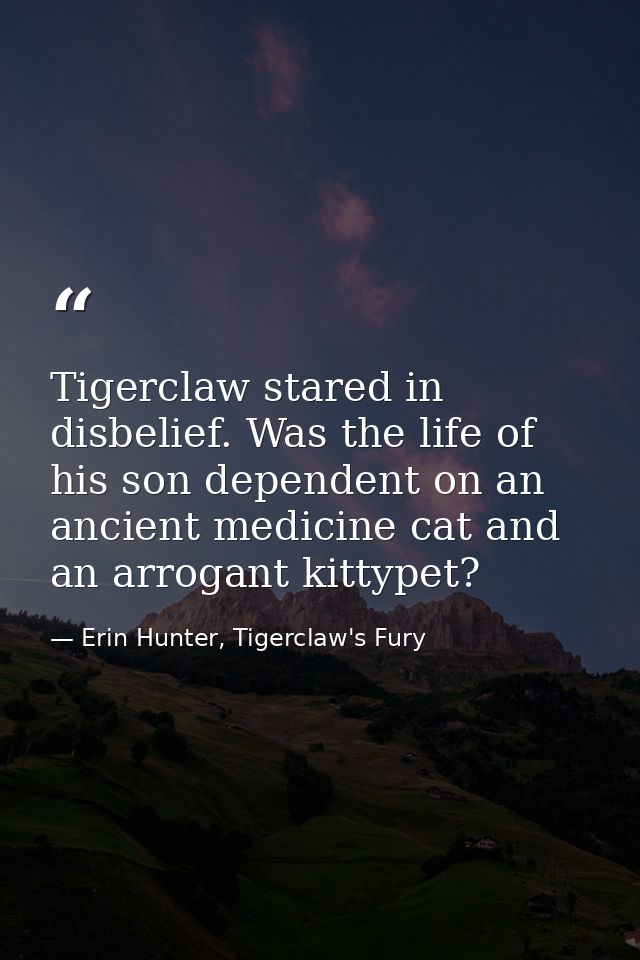 Tigerclaw stared in disbelief. Was the life of his son dependent on an ancient medicine cat and an arrogant kittypet? — Erin Hunter, Tigerclaw's Fury