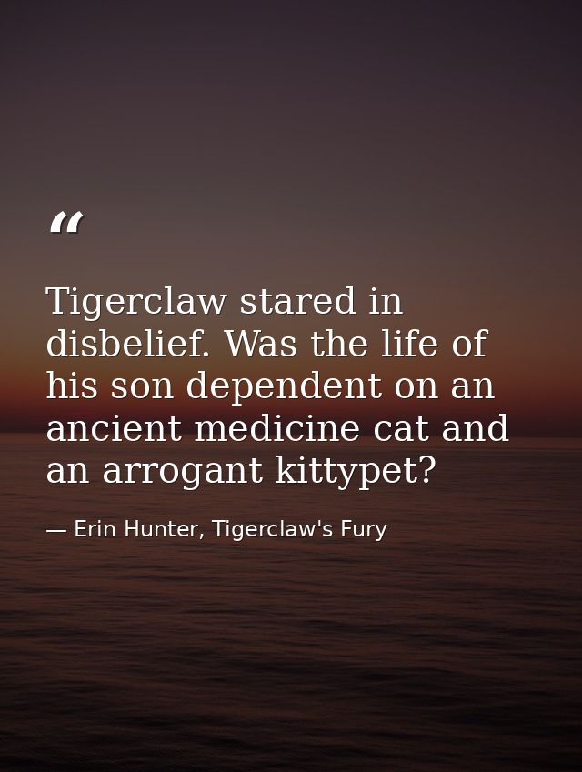 Tigerclaw stared in disbelief. Was the life of his son dependent on an ancient medicine cat and an arrogant kittypet? — Erin Hunter, Tigerclaw's Fury