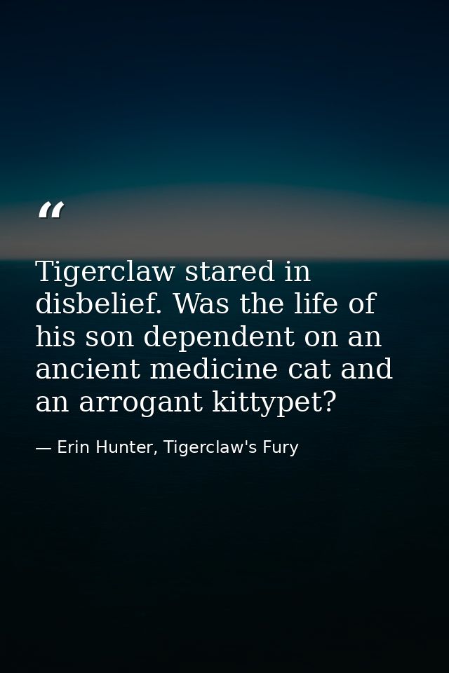 Tigerclaw stared in disbelief. Was the life of his son dependent on an ancient medicine cat and an arrogant kittypet? — Erin Hunter, Tigerclaw's Fury