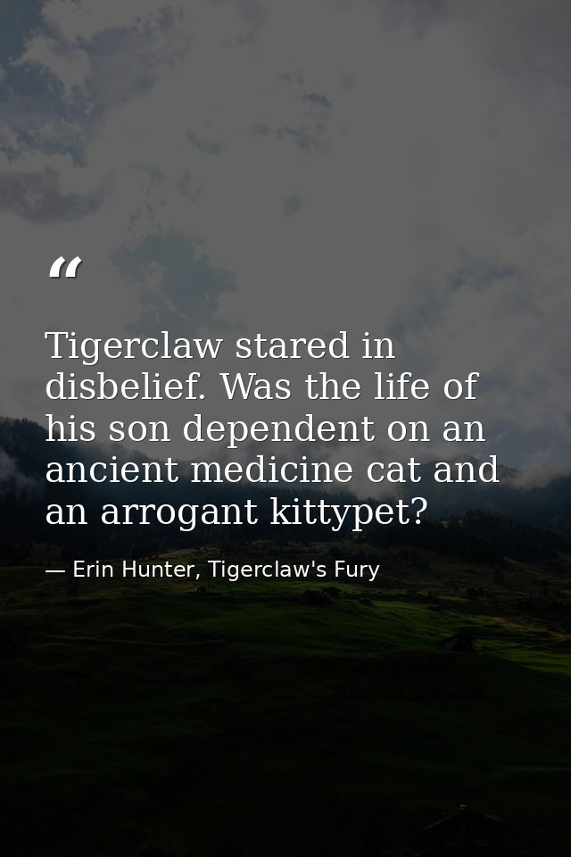 Tigerclaw stared in disbelief. Was the life of his son dependent on an ancient medicine cat and an arrogant kittypet? — Erin Hunter, Tigerclaw's Fury
