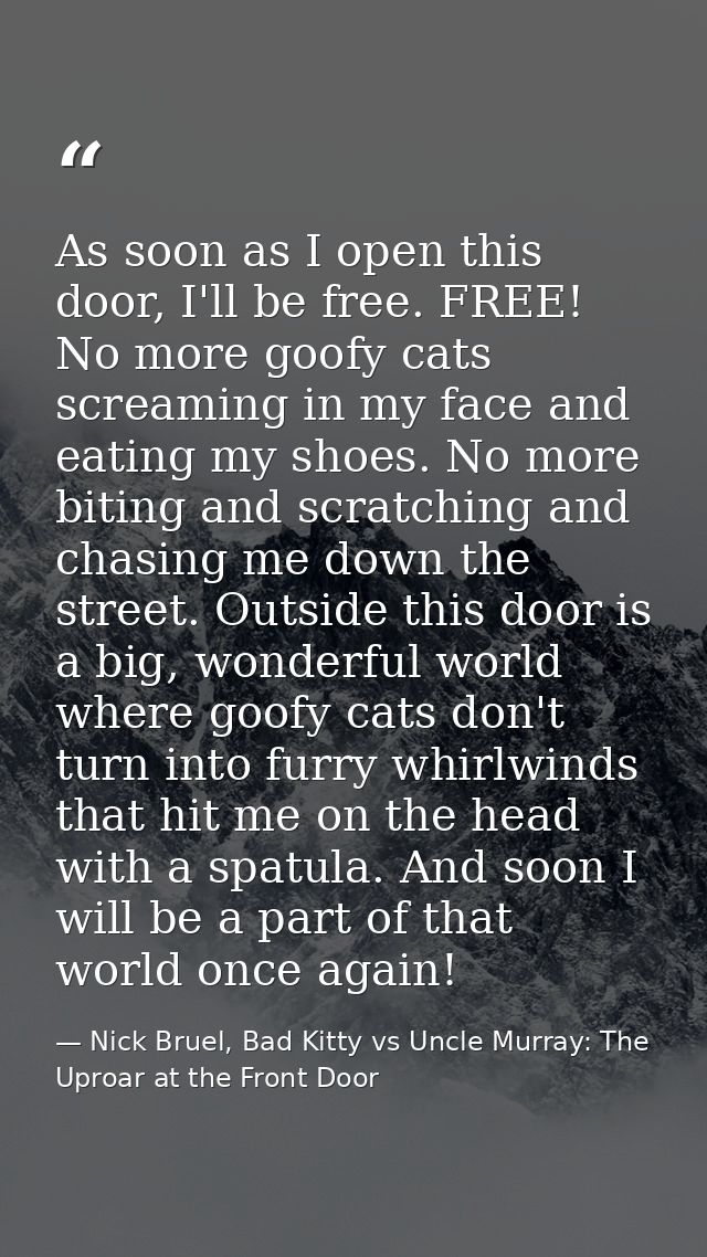 As soon as I open this door, I'll be free. FREE! No more goofy cats screaming in my face and eating my shoes. No more bi — Nick Bruel, Bad Kitty vs Uncle Murray: The Uproar at the Front Door