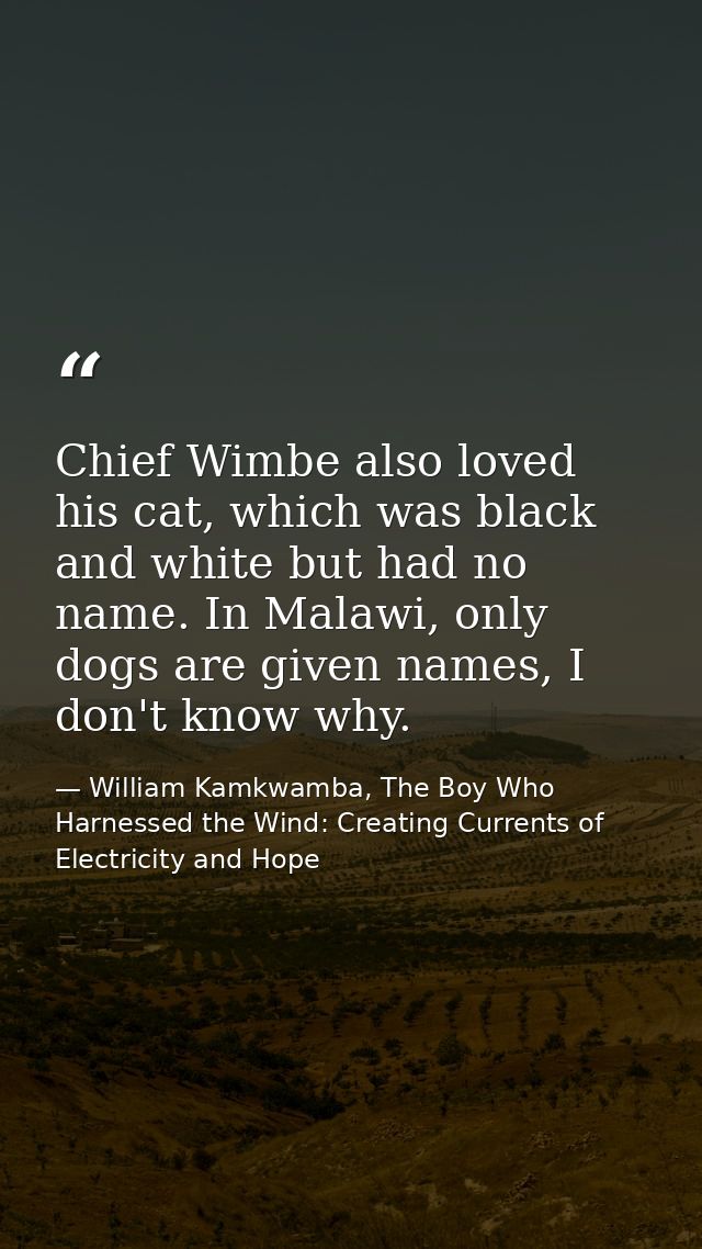 Chief Wimbe also loved his cat, which was black and white but had no name. In Malawi, only dogs are given names, I don't — William Kamkwamba, The Boy Who Harnessed the Wind: Creating Currents of Electricity and Hope