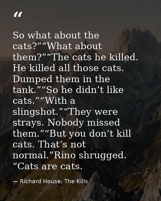 So what about the cats?”“What about them?”“The cats he killed. He killed all those cats. Dumped them in the tank.”“So he — Richard House, The Kills
