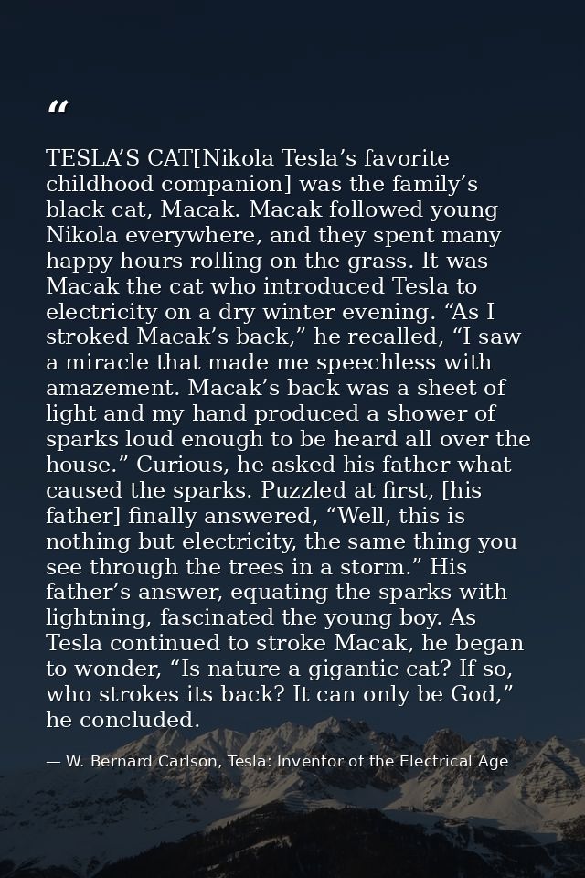 TESLA’S CAT[Nikola Tesla’s favorite childhood companion] was the family’s black cat, Macak. Macak followed young Nikola  — W. Bernard Carlson, Tesla: Inventor of the Electrical Age