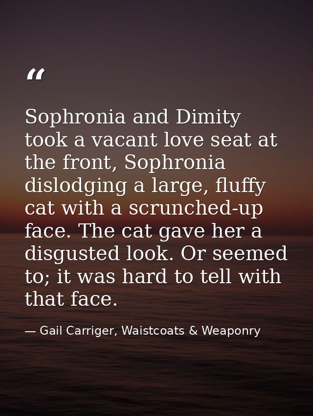 Sophronia and Dimity took a vacant love seat at the front, Sophronia dislodging a large, fluffy cat with a scrunched-up  — Gail Carriger, Waistcoats & Weaponry