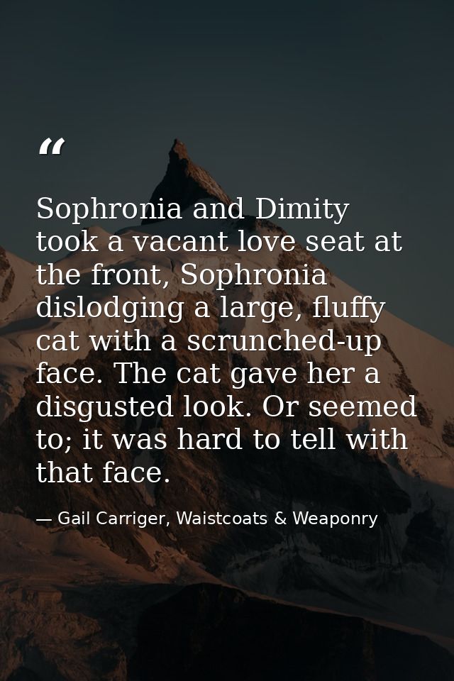 Sophronia and Dimity took a vacant love seat at the front, Sophronia dislodging a large, fluffy cat with a scrunched-up  — Gail Carriger, Waistcoats & Weaponry