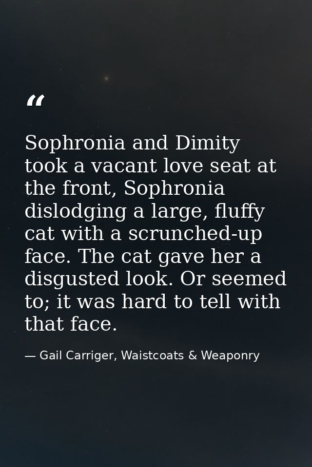 Sophronia and Dimity took a vacant love seat at the front, Sophronia dislodging a large, fluffy cat with a scrunched-up  — Gail Carriger, Waistcoats & Weaponry