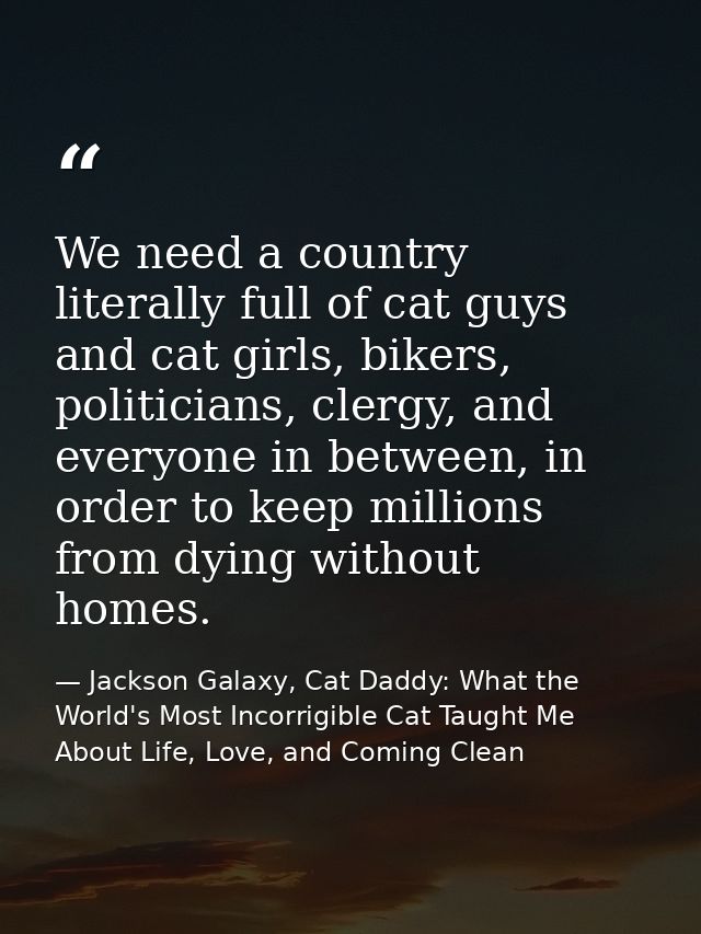 We need a country literally full of cat guys and cat girls, bikers, politicians, clergy, and everyone in between, in ord — Jackson Galaxy, Cat Daddy: What the World's Most Incorrigible Cat Taught Me About Life, Love, and Coming Clean