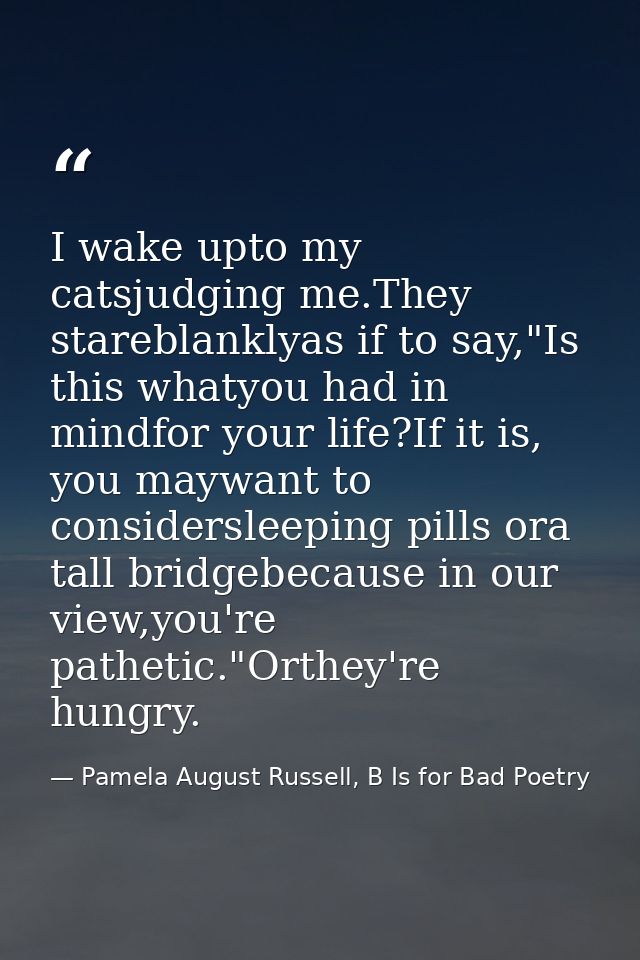 I wake upto my catsjudging me.They stareblanklyas if to say,"Is this whatyou had in mindfor your life?If it is, you mayw — Pamela August Russell, B Is for Bad Poetry
