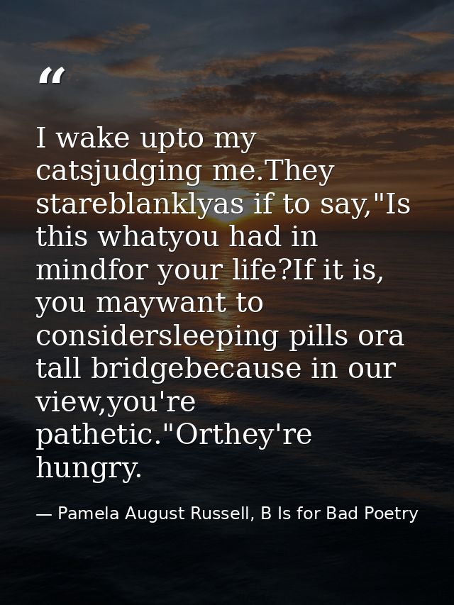 I wake upto my catsjudging me.They stareblanklyas if to say,"Is this whatyou had in mindfor your life?If it is, you mayw — Pamela August Russell, B Is for Bad Poetry