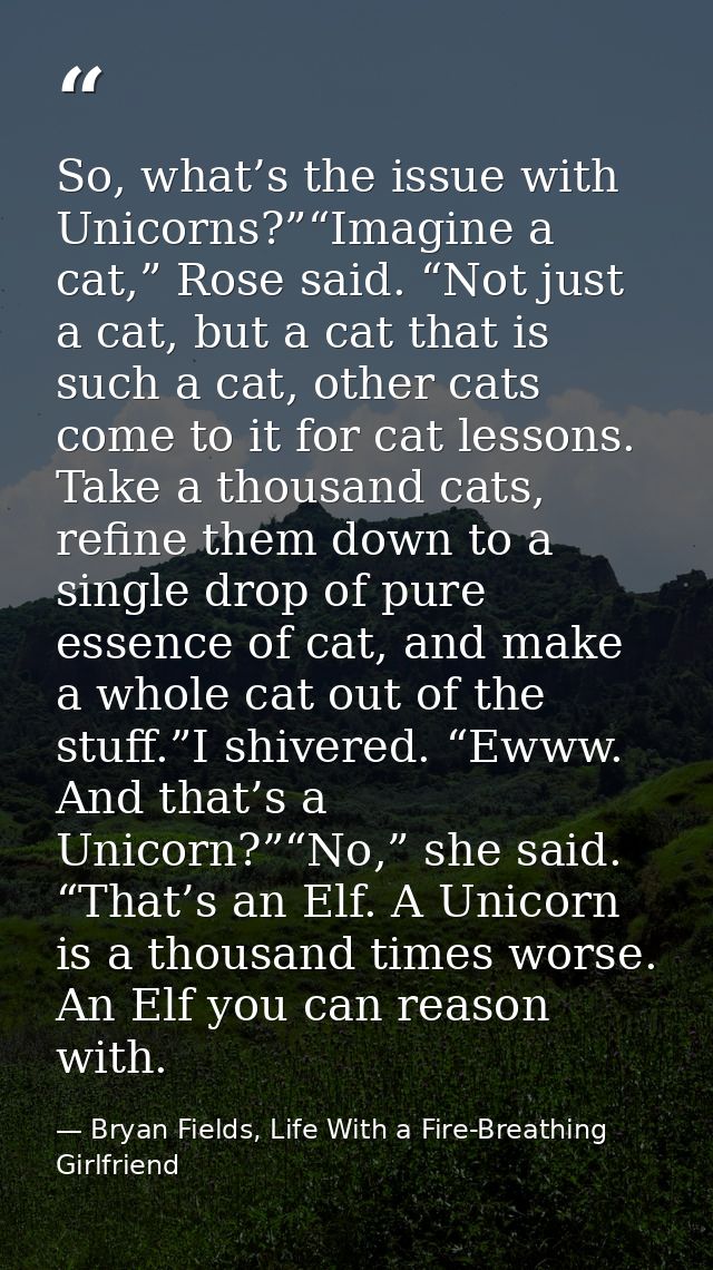 So, what’s the issue with Unicorns?”“Imagine a cat,” Rose said. “Not just a cat, but a cat that is such a cat, other cat — Bryan Fields, Life With a Fire-Breathing Girlfriend