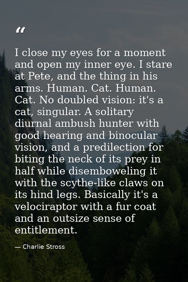 I close my eyes for a moment and open my inner eye. I stare at Pete, and the thing in his arms. Human. Cat. Human. Cat.  — Charlie Stross