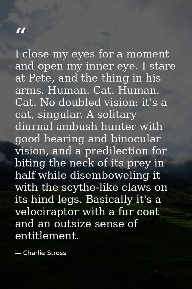 I close my eyes for a moment and open my inner eye. I stare at Pete, and the thing in his arms. Human. Cat. Human. Cat.  — Charlie Stross