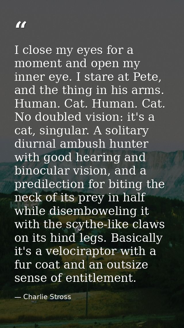 I close my eyes for a moment and open my inner eye. I stare at Pete, and the thing in his arms. Human. Cat. Human. Cat.  — Charlie Stross