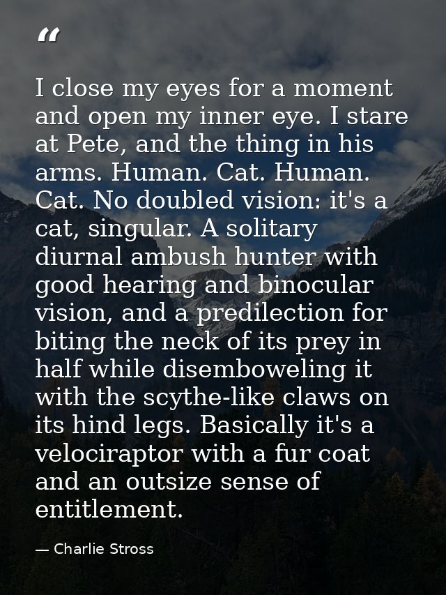 I close my eyes for a moment and open my inner eye. I stare at Pete, and the thing in his arms. Human. Cat. Human. Cat.  — Charlie Stross