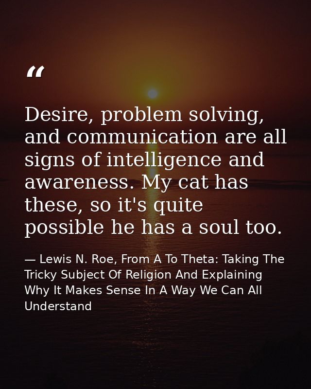 Desire, problem solving, and communication are all signs of intelligence and awareness. My cat has these, so it's quite  — Lewis N. Roe, From A To Theta: Taking The Tricky Subject Of Religion And Explaining Why It Makes Sense In A Way We Can All Understand