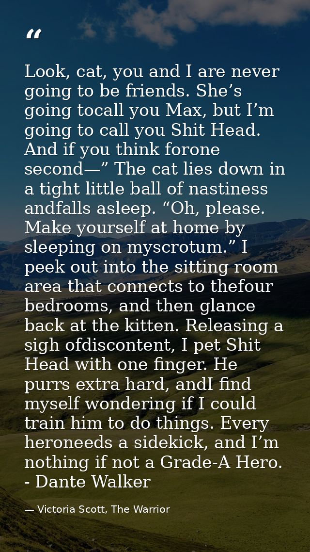 Look, cat, you and I are never going to be friends. She’s going tocall you Max, but I’m going to call you Shit Head. And — Victoria Scott, The Warrior