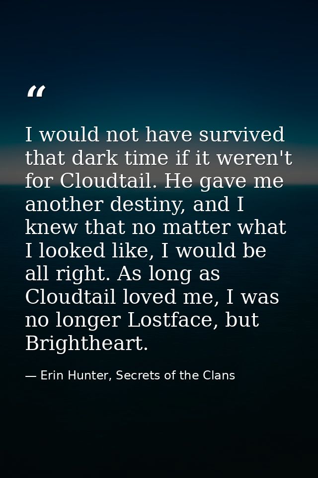 I would not have survived that dark time if it weren't for Cloudtail. He gave me another destiny, and I knew that no mat — Erin Hunter, Secrets of the Clans