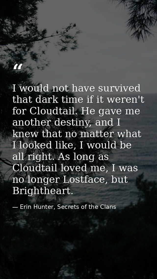 I would not have survived that dark time if it weren't for Cloudtail. He gave me another destiny, and I knew that no mat — Erin Hunter, Secrets of the Clans