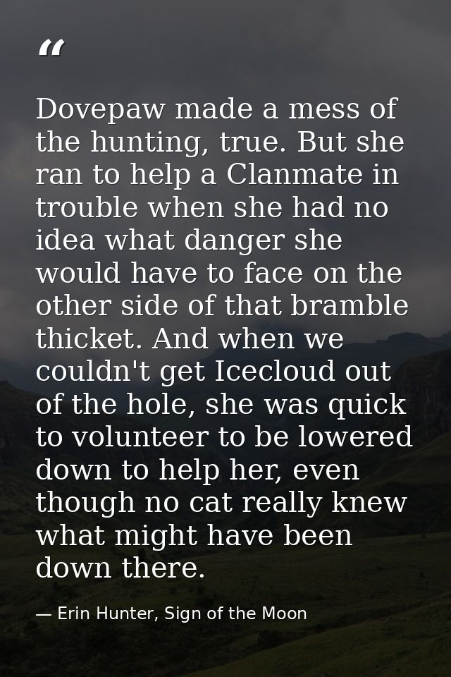 Dovepaw made a mess of the hunting, true. But she ran to help a Clanmate in trouble when she had no idea what danger she — Erin Hunter, Sign of the Moon
