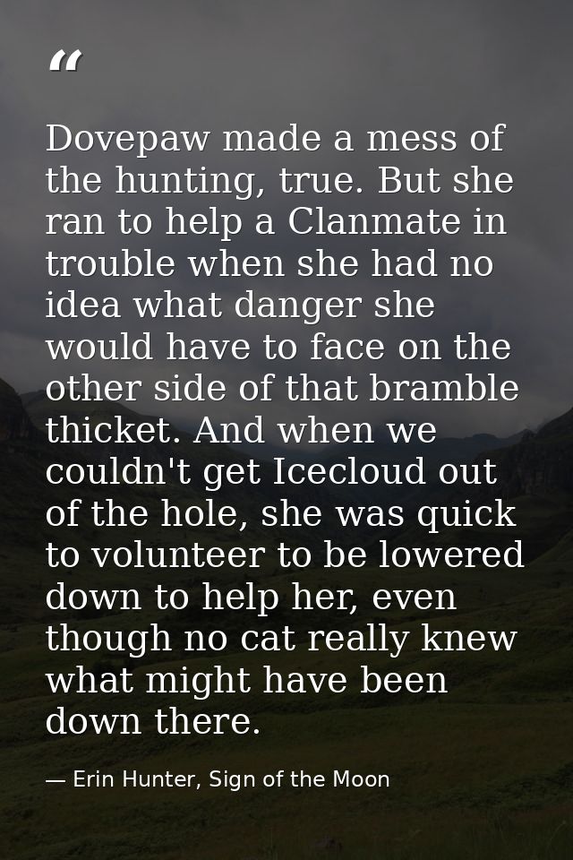 Dovepaw made a mess of the hunting, true. But she ran to help a Clanmate in trouble when she had no idea what danger she — Erin Hunter, Sign of the Moon