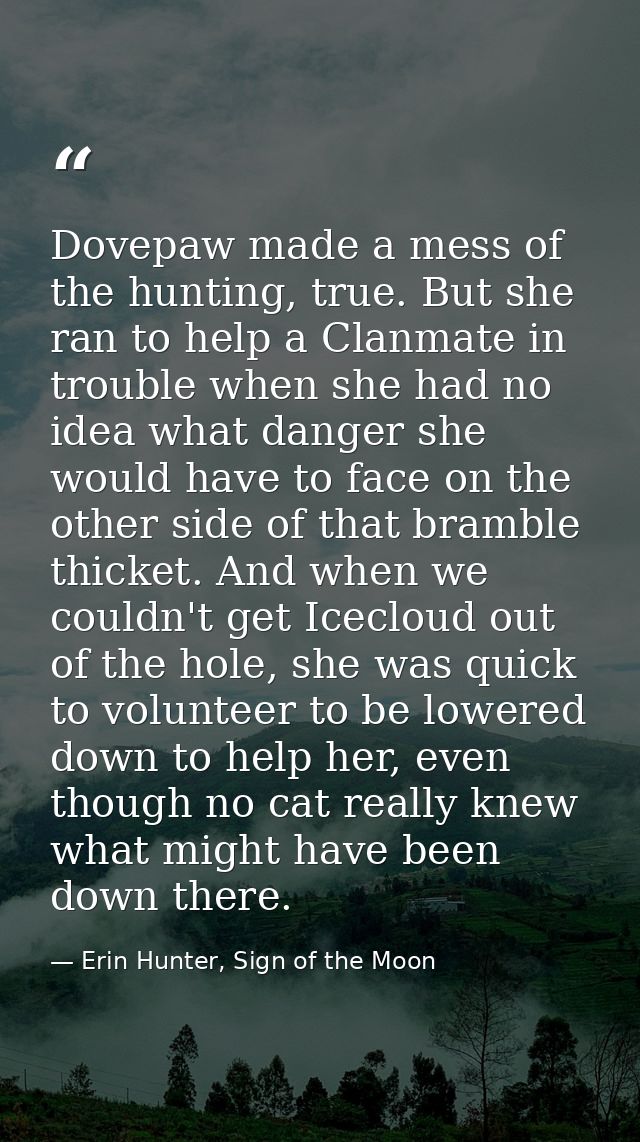 Dovepaw made a mess of the hunting, true. But she ran to help a Clanmate in trouble when she had no idea what danger she — Erin Hunter, Sign of the Moon