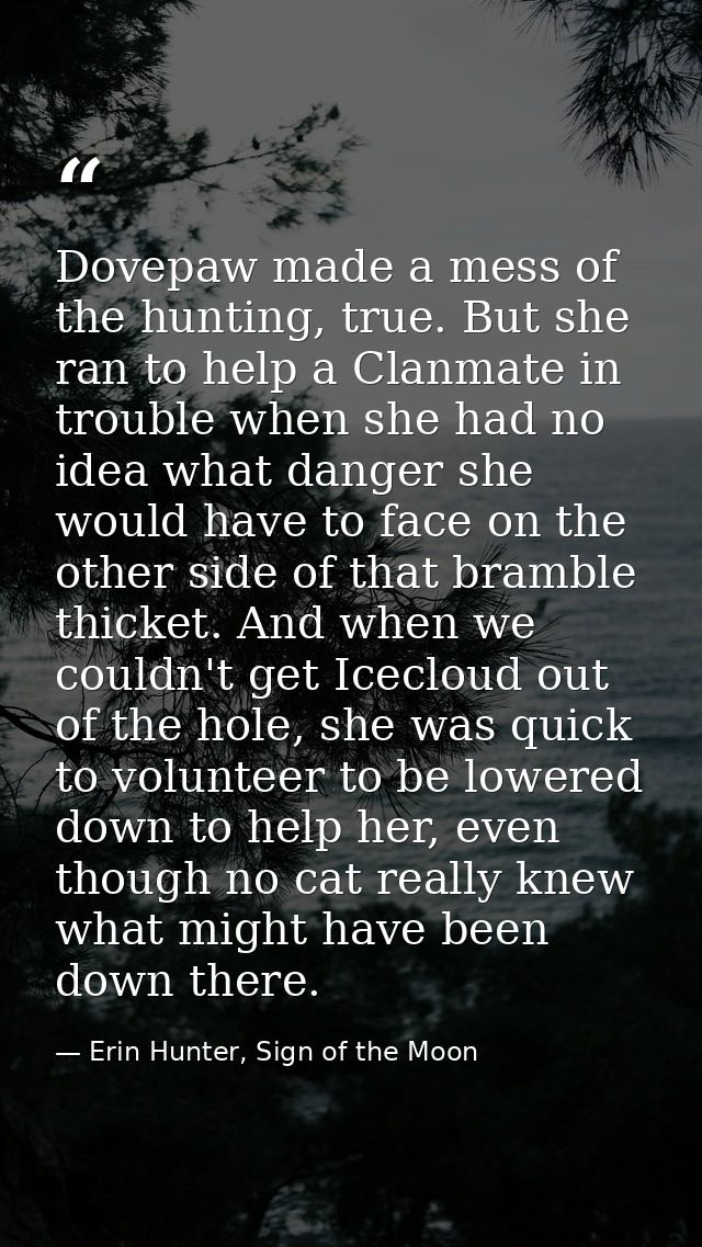Dovepaw made a mess of the hunting, true. But she ran to help a Clanmate in trouble when she had no idea what danger she — Erin Hunter, Sign of the Moon