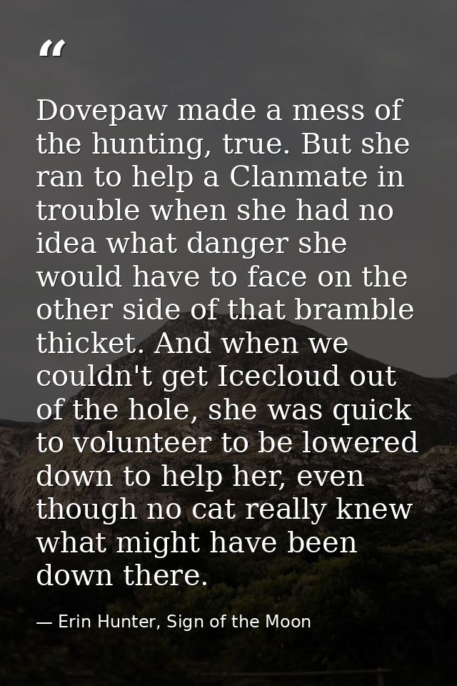 Dovepaw made a mess of the hunting, true. But she ran to help a Clanmate in trouble when she had no idea what danger she — Erin Hunter, Sign of the Moon