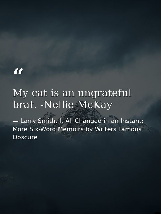 My cat is an ungrateful brat. -Nellie McKay — Larry Smith, It All Changed in an Instant: More Six-Word Memoirs by Writers Famous  Obscure