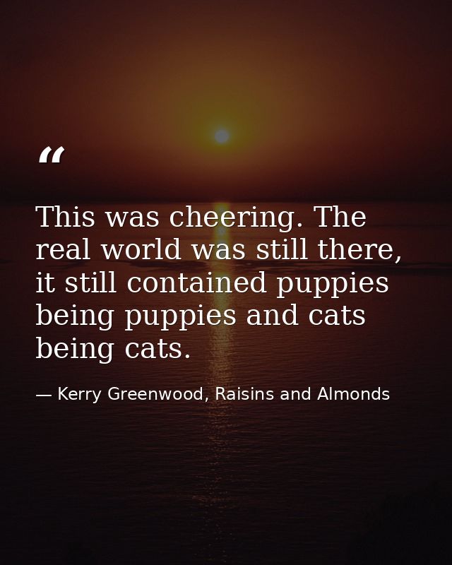 This was cheering. The real world was still there, it still contained puppies being puppies and cats being cats. — Kerry Greenwood, Raisins and Almonds