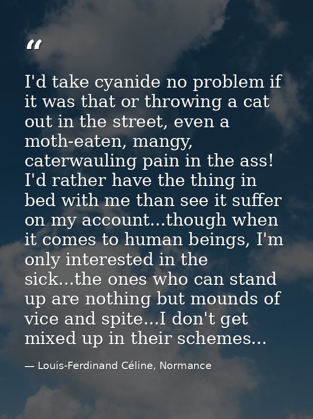I'd take cyanide no problem if it was that or throwing a cat out in the street, even a moth-eaten, mangy, caterwauling p — Louis-Ferdinand Céline, Normance