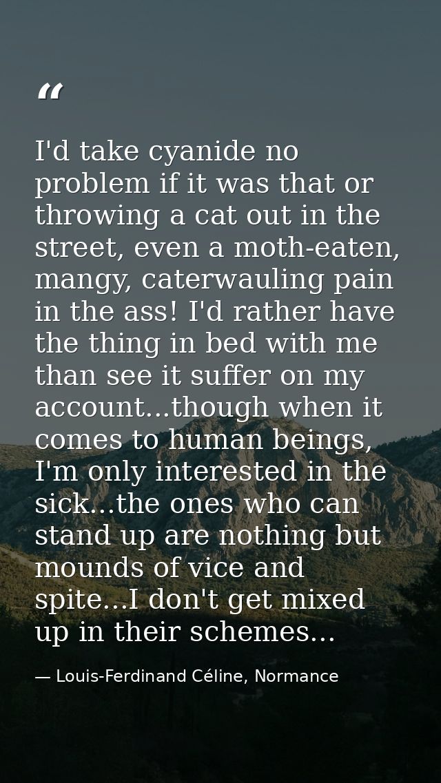 I'd take cyanide no problem if it was that or throwing a cat out in the street, even a moth-eaten, mangy, caterwauling p — Louis-Ferdinand Céline, Normance